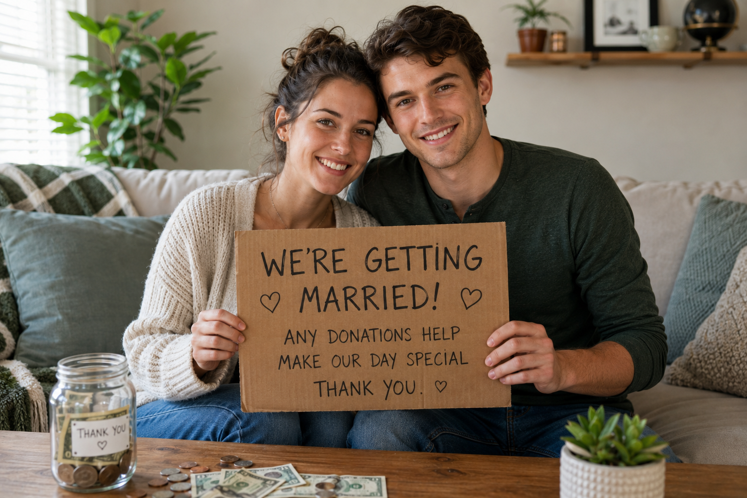Engaged couple with sign asking for donations to pay for their wedding.